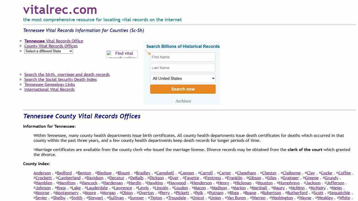 Tennessee Counties Birth Certificate, Death Record, Marriage License and More (Sc-Sh)